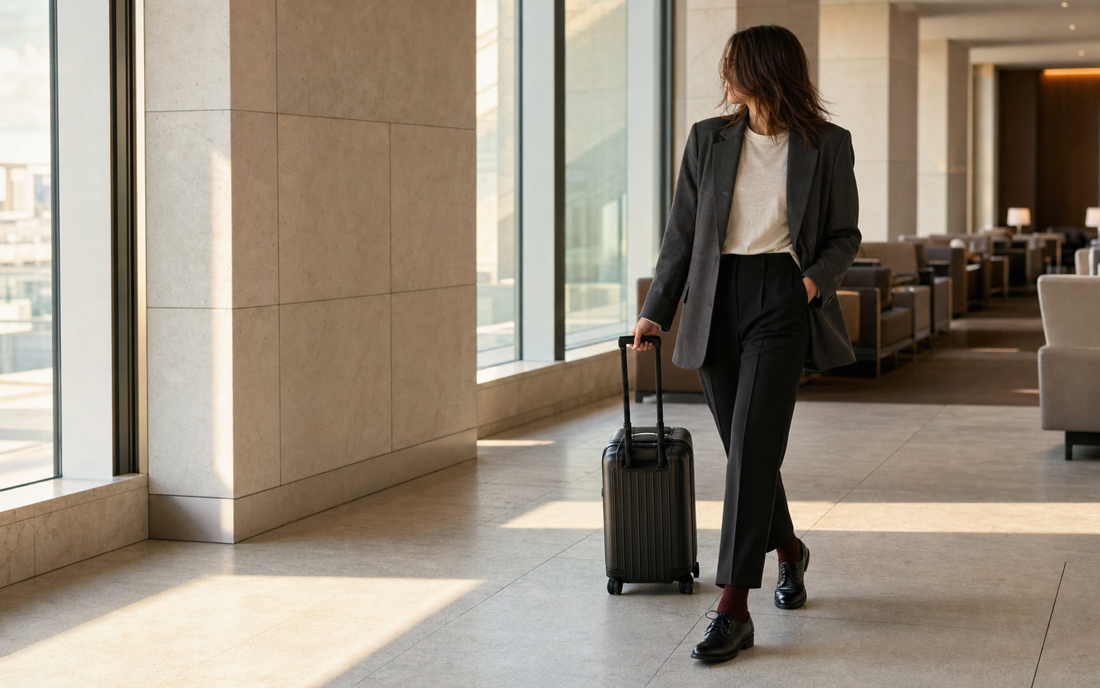 An anonymous traveler in a relaxed charcoal blazer, ivory T-shirt and tailored trousers at an airport