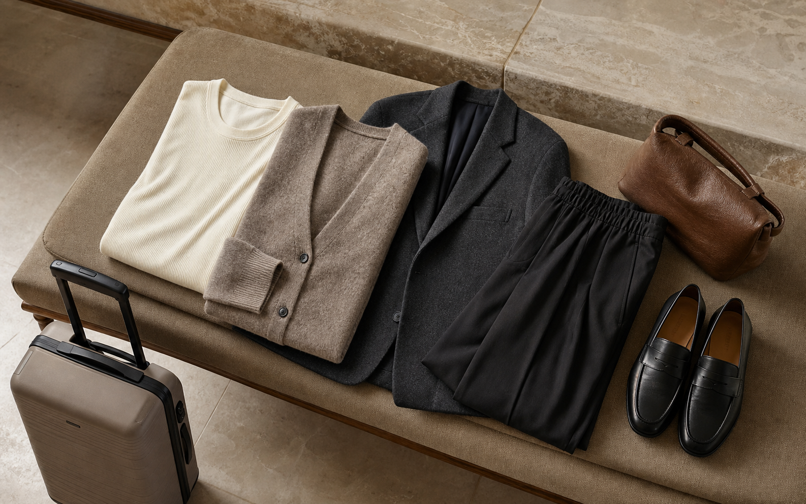 A three-layer travel wardrobe laid out with knitwear, a blazer, trousers, loafers and a carry-on