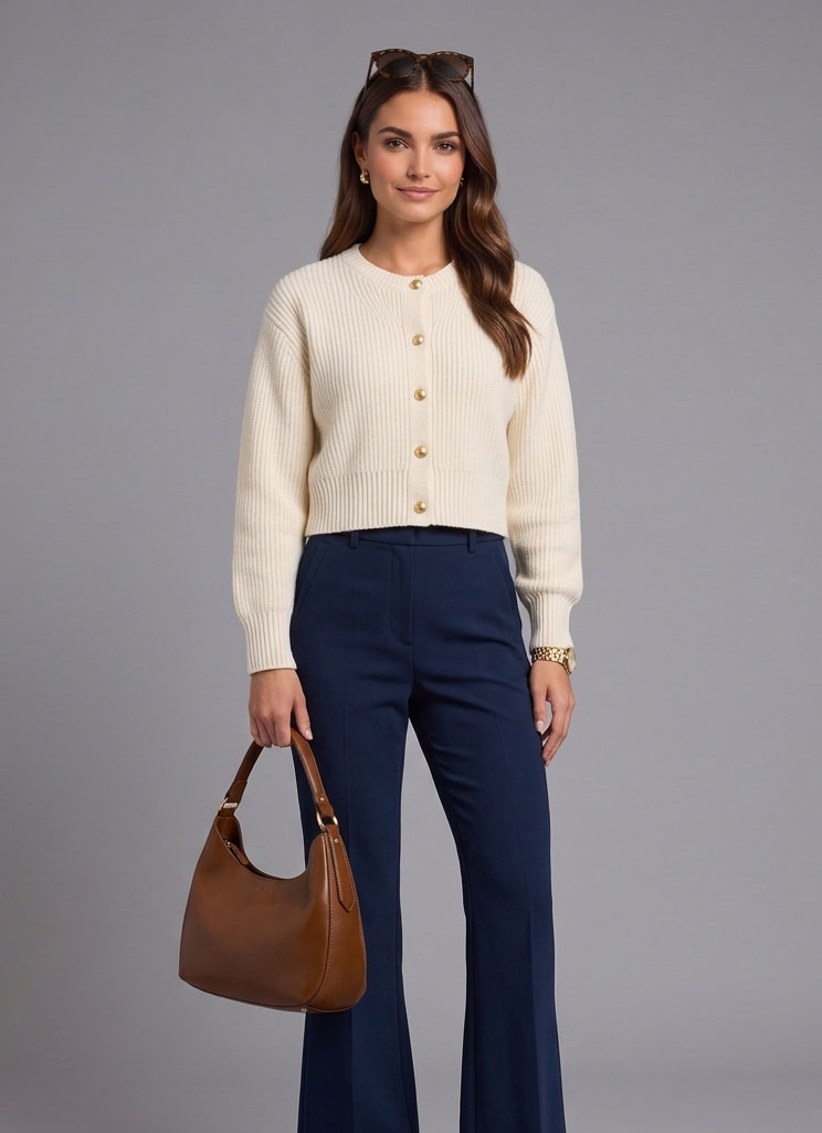 French‑style Soft Cream Cropped Cardigan With Luxe Gold Button