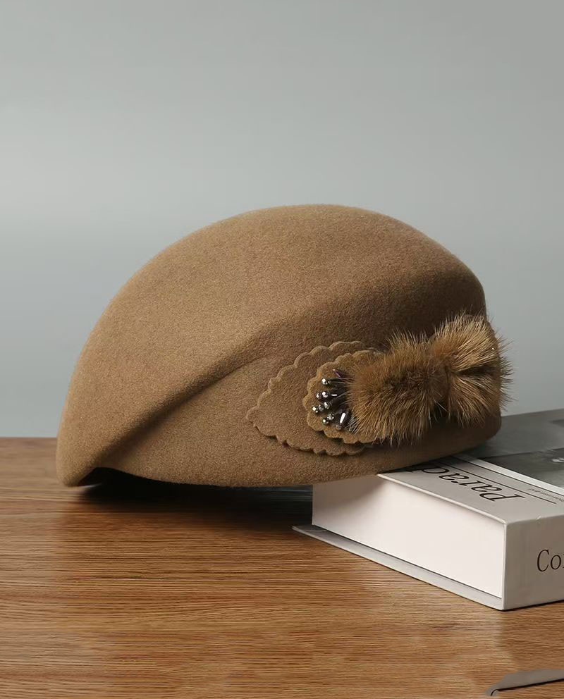 Embellished Wool Beret with Faux Fur Detail