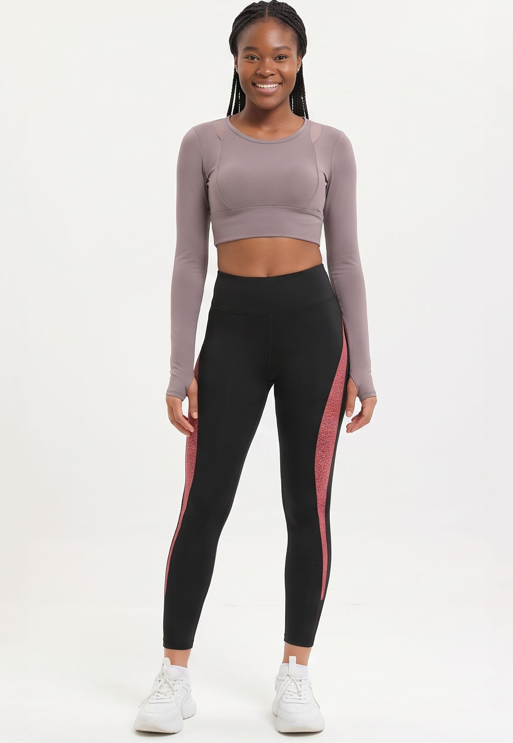 JS8002-High-Rise Mesh Panel Side Stripe Leggings