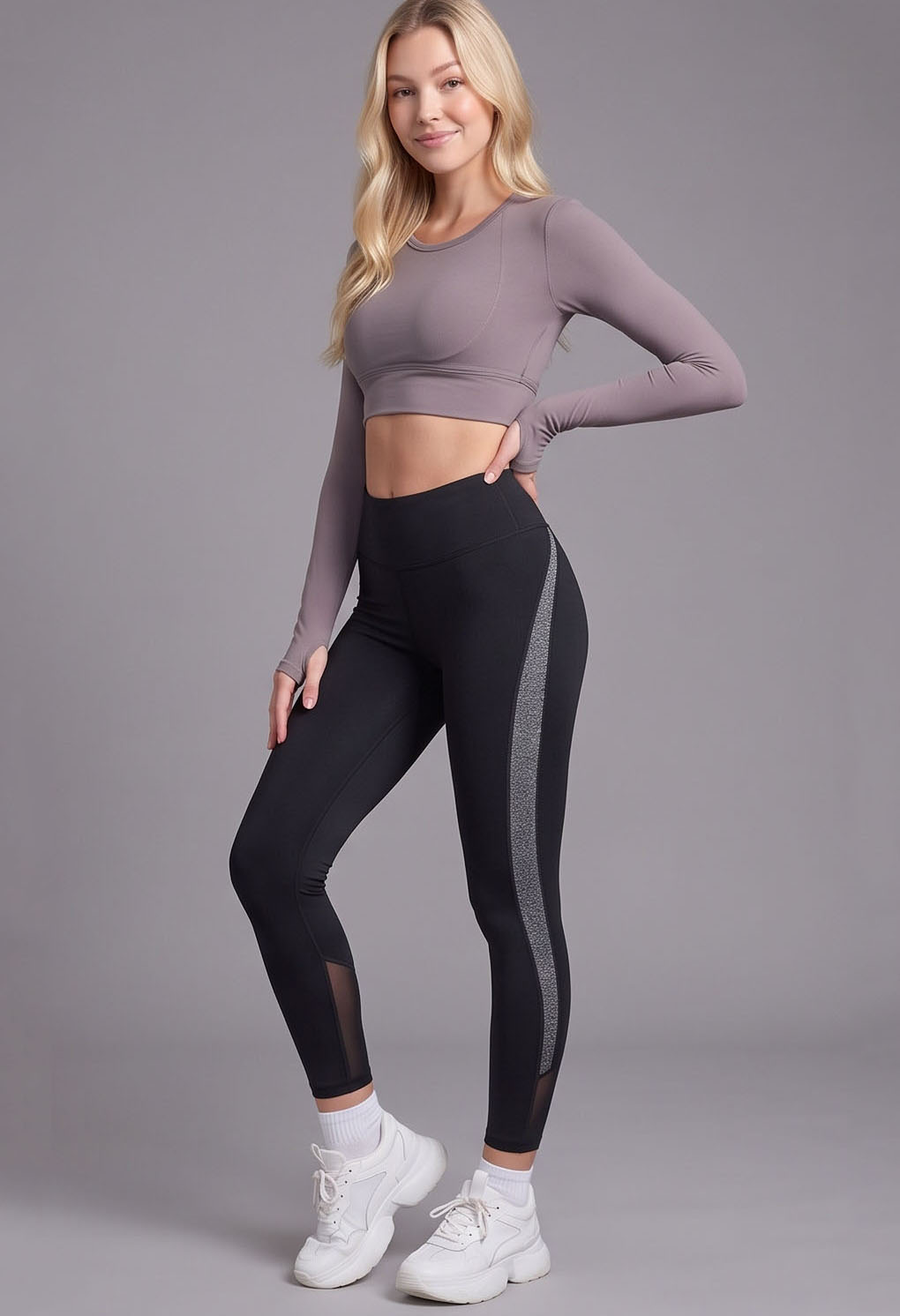 JS8002-High-Rise Mesh Panel Side Stripe Leggings