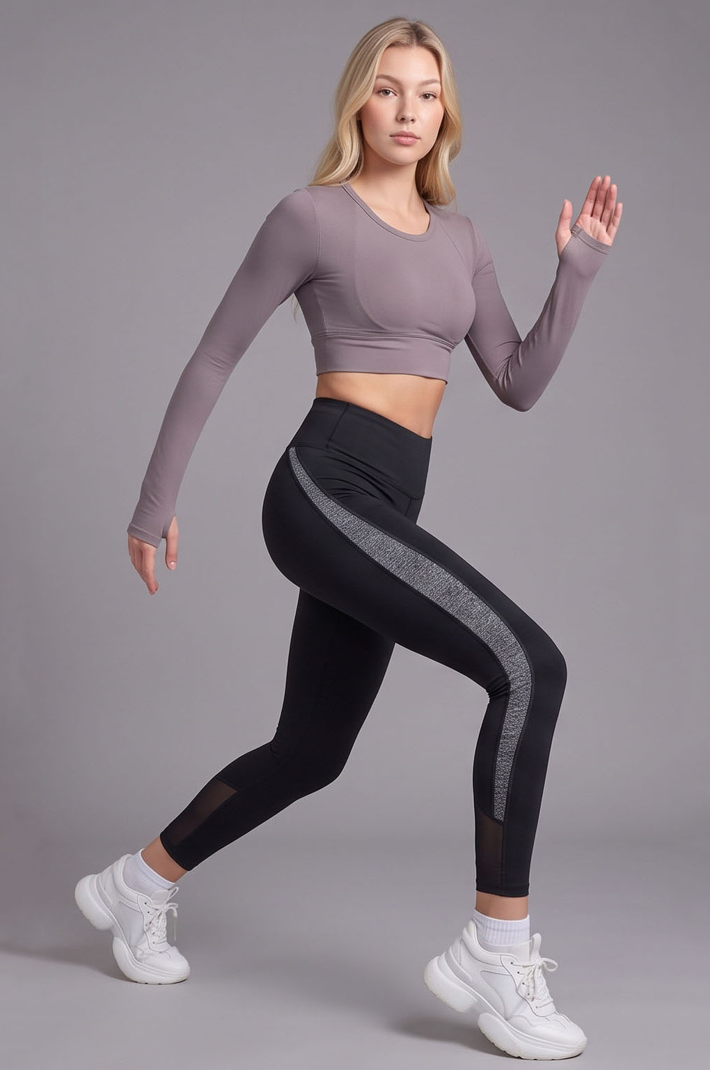 JS8002-High-Rise Mesh Panel Side Stripe Leggings