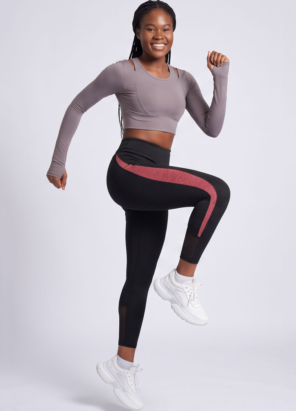 JS8002-High-Rise Mesh Panel Side Stripe Leggings