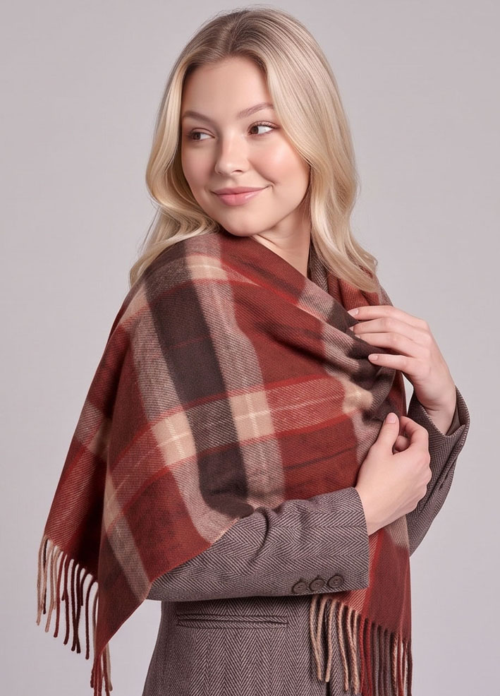 Soft Wool Plaid Scarf | Women Fringed Tartan Winter Wrap Shawl
