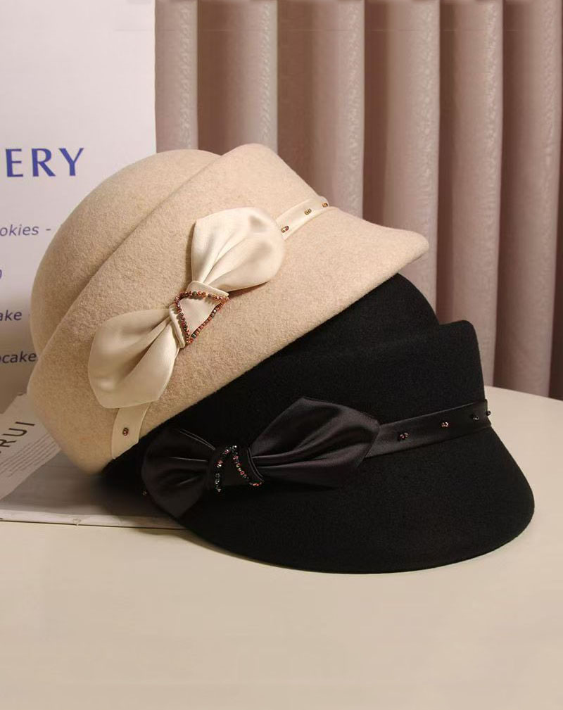 Vintage Faux Wool Cloche Hat With Satin Bow Rhinestone Decor