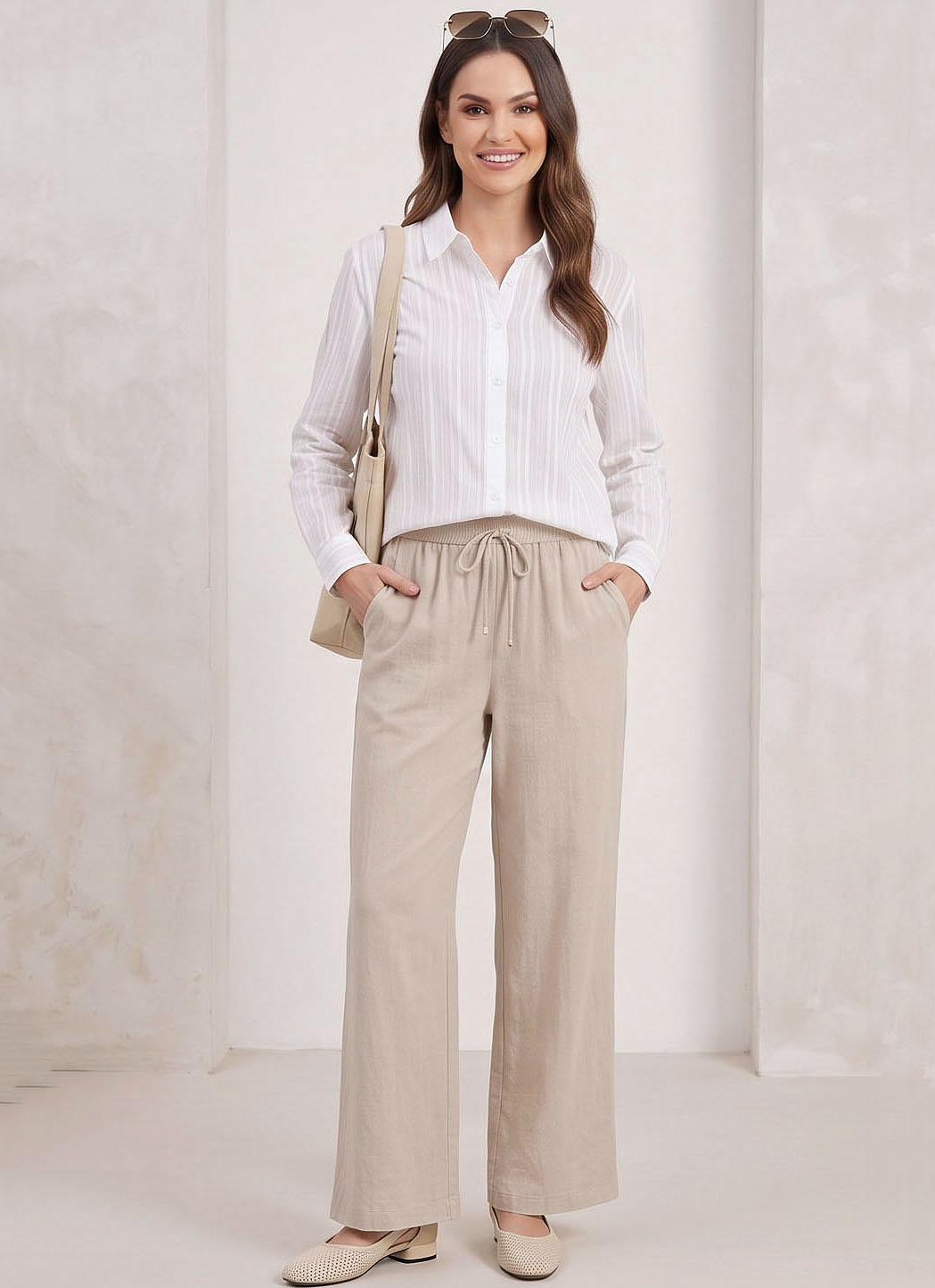 WLP6001-Relaxed Drawstring Cotton-Linen Wide-Leg Pants